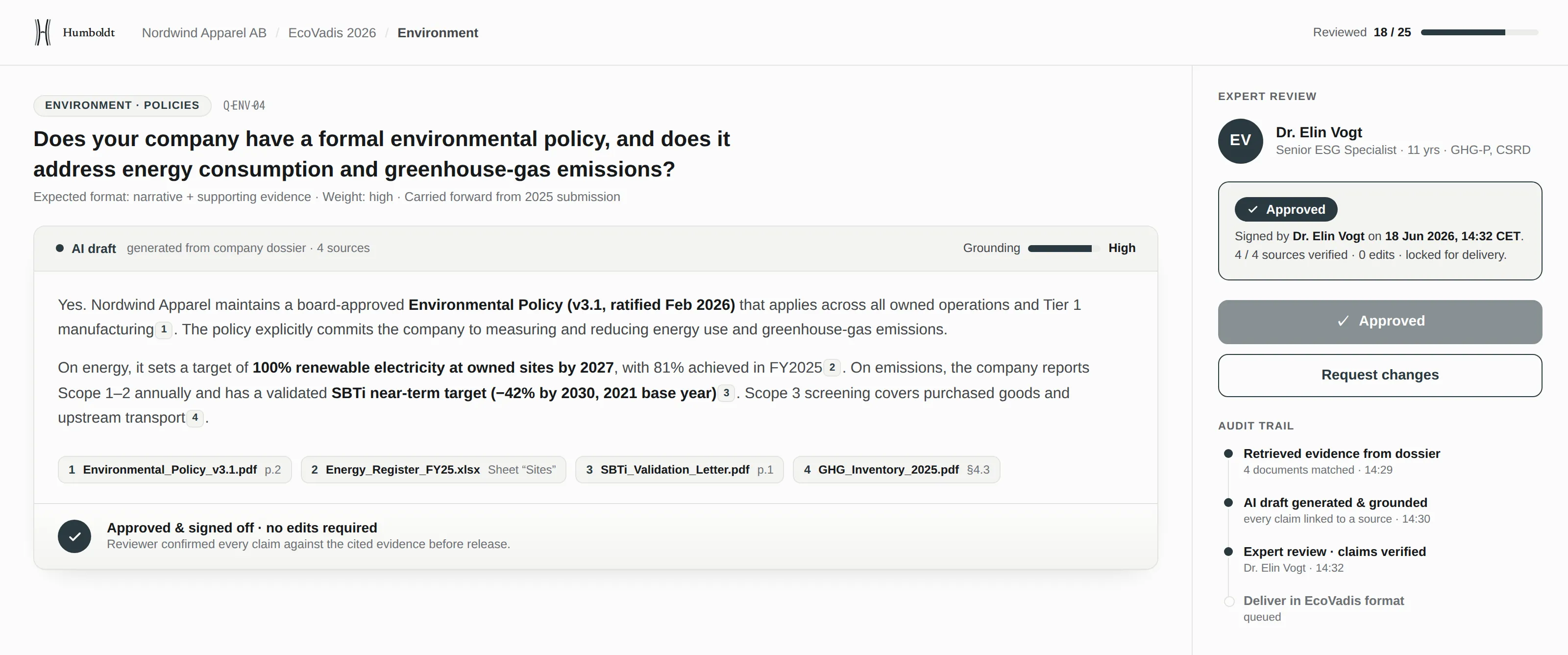 Humboldt review screen: an AI-drafted questionnaire answer with inline citations to the company's source documents, signed off as Approved by a senior ESG specialist.