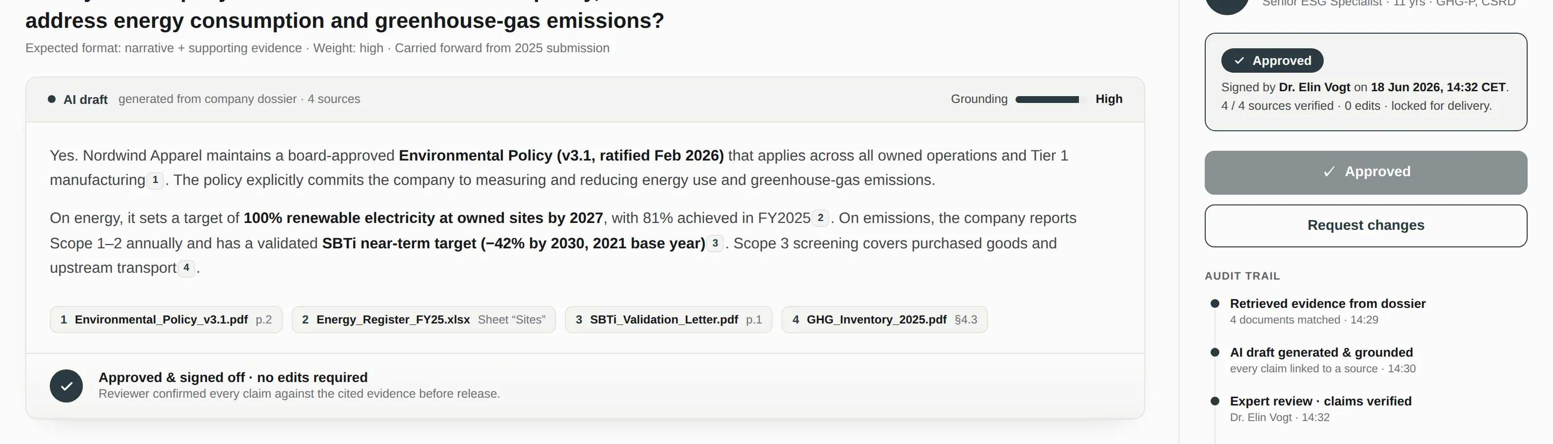 Close-up of the Humboldt review screen: an AI-drafted answer with inline source citations, marked Approved and signed off by a senior ESG specialist with a full audit trail.